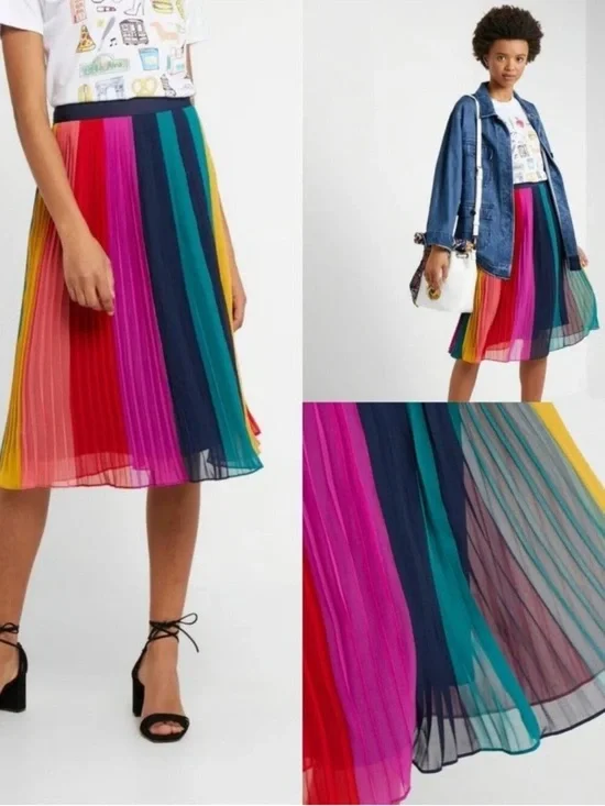 J.CREW Sunburst Pleated Midi in Rainbow Colorblock Stripe A-line Skirt Size 18 - Picture 2 of 9